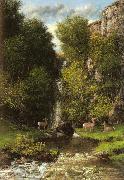 Gustave Courbet A Family of Deer in a Landscape with a Waterfall painting